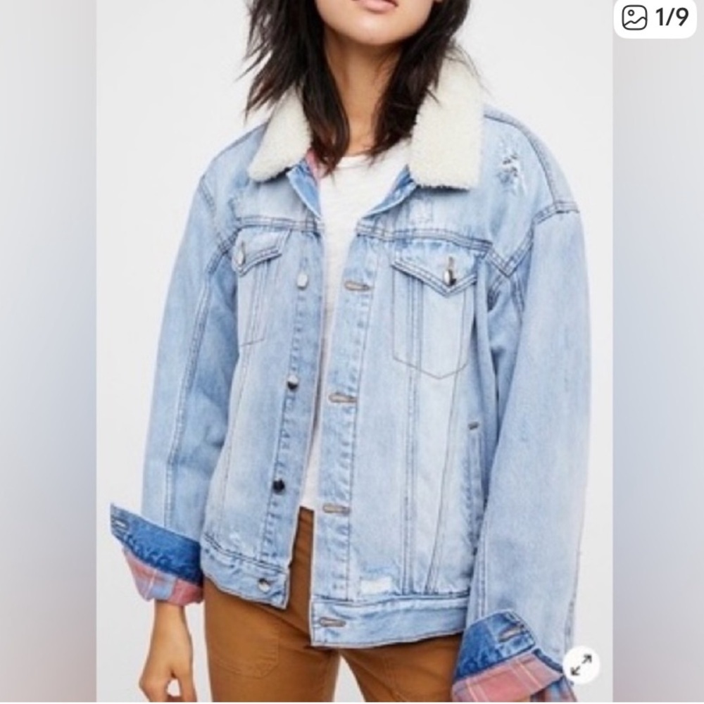 Free People Plaid Lined Denim Sherpa Collar Trucker Oversized Jacket Medium - Picture 3 of 9